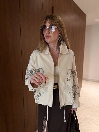 Pul & Taş İşlemeli , Bej , Premium Gabardin Ceket