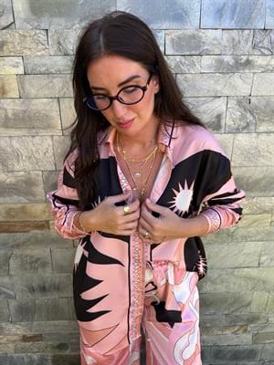 Orijinal Model , Beli Lastikli , Pantolon & Gömlek , Desenli , Pembe Saten Takım