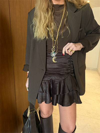 Tok Pamuk Saten , Fırfırlı Puantiyeli , Acıkahve Etek