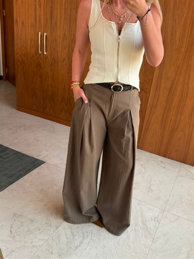 Deri Kemerli , %100 Cotton , Haki Palazzo Pantolon