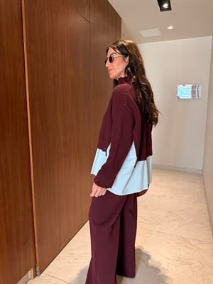 Poplin Detaylı , Önden Fermuarlı , Bordo Triko Takım