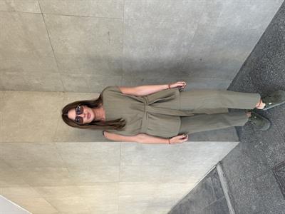 Omzu Burmalı , Haki , Keten , Bluz Takım