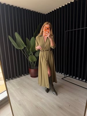 Orijinal Model , Double Krep Kumaş , Kemerli Haki Elbise