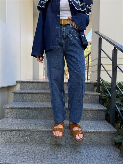Cepleri Taşlı , Lacivert Mom Jean