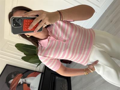 Pembe & Ekru Çizgili , Polo Yaka , Merserize