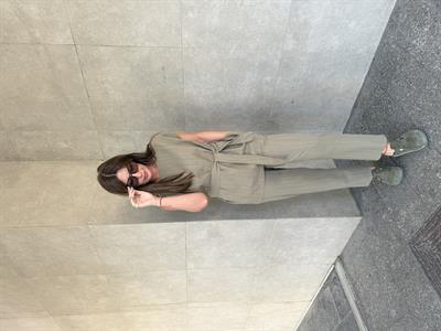 Omzu Burmalı , Haki , Keten , Bluz Takım