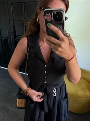 Siyah Önden Düğmeli, Arkası Lastikli Premium Tencel Yelek