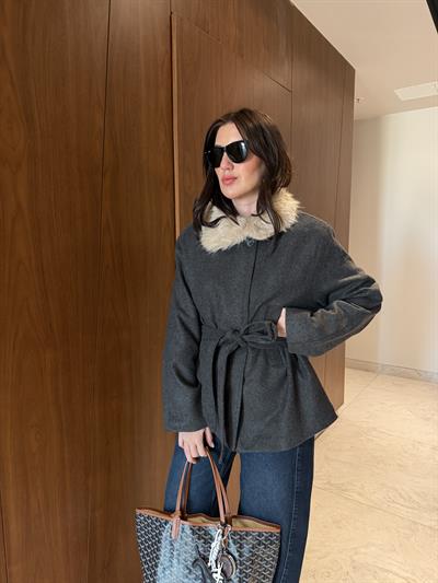 Peluş Yaka , Antrasit , Kuşaklı Kaşe Kaban