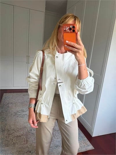 Orijinal Model , Belden Bağlamalı , Premium Beyaz & Bej , Gabardin Ceket