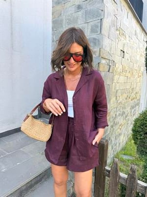 %100 Keten Mürdüm Gömlek & Şort Premium Takım