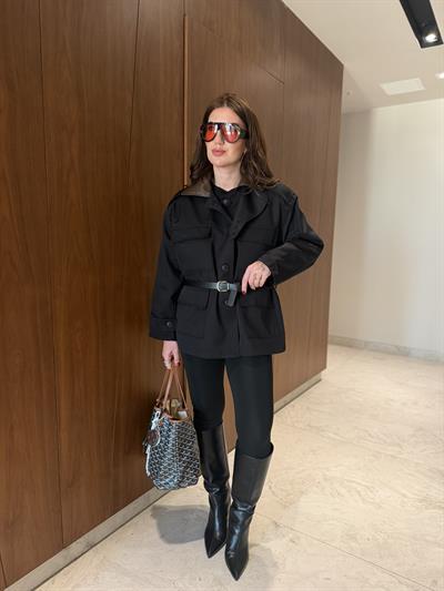 Orijinal Model , Deri Yakalı , Kemerli , Siyah Trençkot