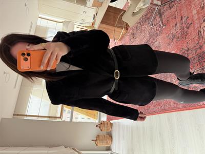 Kemerli , Premium , Siyah Kürk Ceket