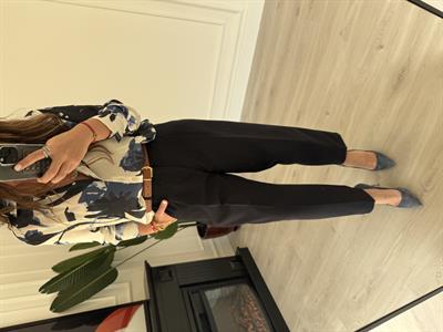 Taba Kemerli , Lacivert , Likralı , Krep Kumaş Pantolon