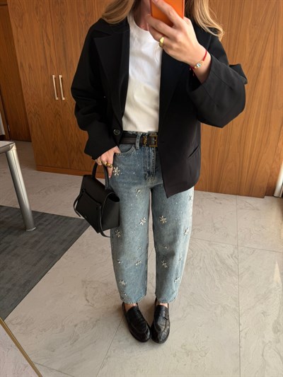 Çiçek Taş İşlemeli , Mom Jean Pantolon