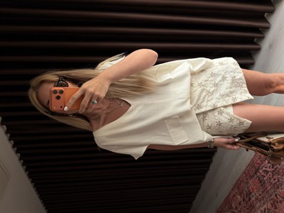 Ekru , V Yaka , Tiril , Premium Keten Bluz