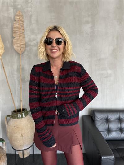 Bordo & Lacivert Çizgili , Ajurlu , Çift Fermuarlı Triko