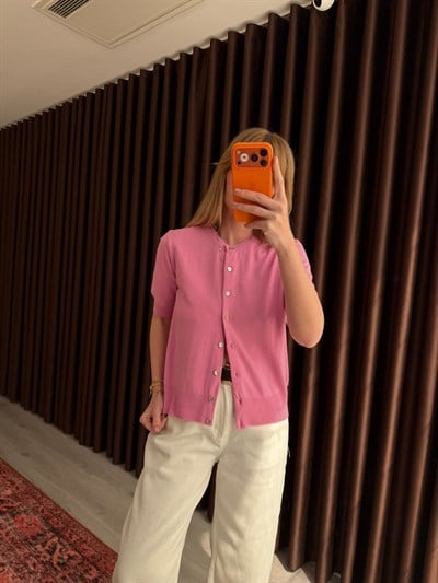 Sedef Düğmeli , Pembe , Kısa Kol Triko