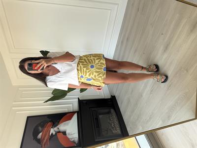 Mavi Çiçekli , Keten Dokulu , Şort Etek