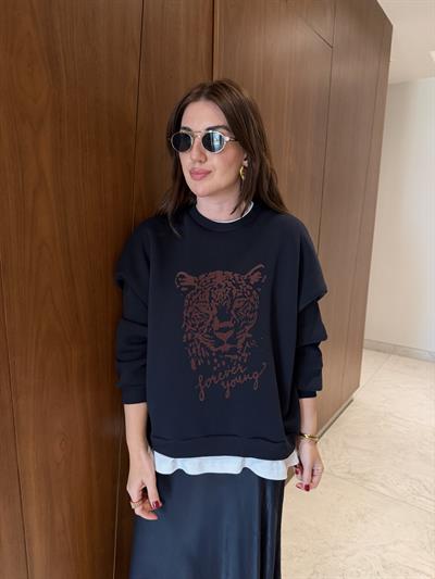 T-shirt Detaylı , Leopar Desenli , Lacivert Sweatshirt