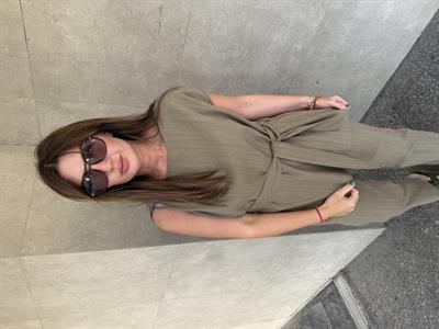 Omzu Burmalı , Haki , Keten , Bluz Takım