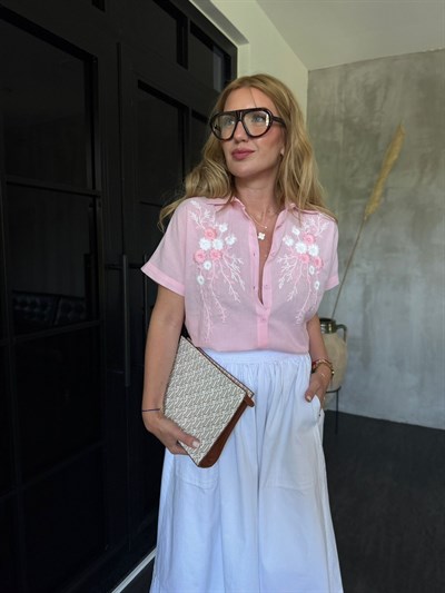 %100 Cotton , Çiçek Nakışlı Pembe Gömlek 