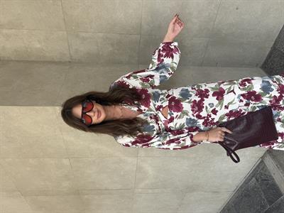 Beli Lastikli , Bordo Çiçek Desenli , Elbise