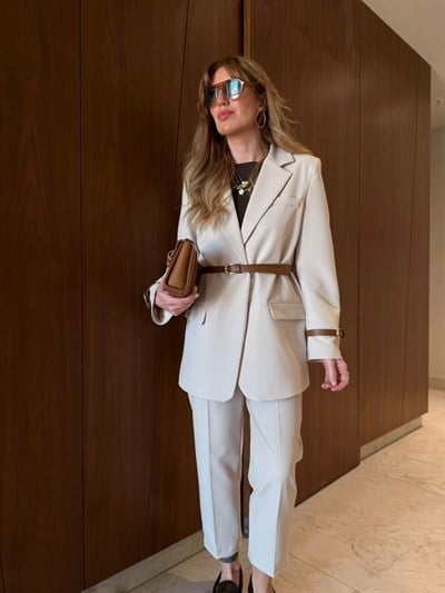Orijinal Model , Premium , Bej , Kemerli Blazer & Pantolon Takım