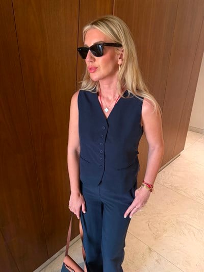 Arkası Güpürlü Yelek & Pantolon , Lacivert Tencel Takım