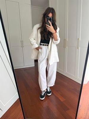 Düğme Detaylı , Premium , Beyaz Keten Pantolon