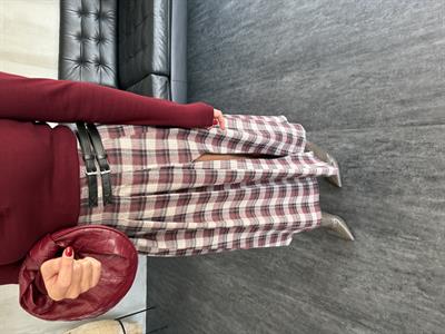 Çift Kemer Detaylı , Yırtmaçlı , Bordo Ekoseli Etek