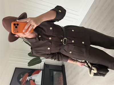 Düğme Detaylı, Kemerli Acıkahve Ceket & Pantalon Takım