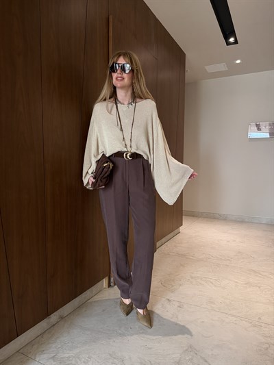 Orijinal Model , Süet Kemerli , Acıkahve , Tok Tencel Pantolon