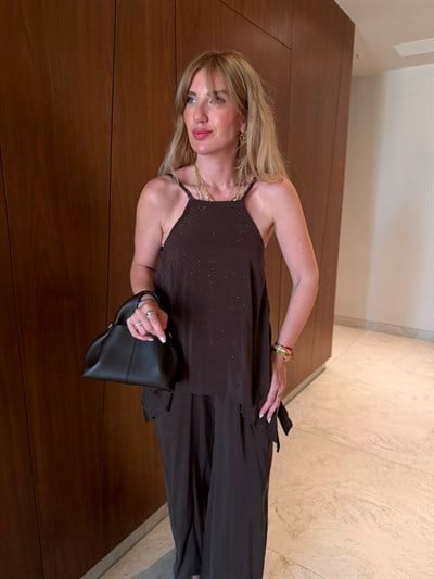 Premium Tencel , Acıkahve Taşlı Tulum 