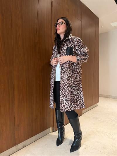 Orijinal Model , Deri Cep Aksesuarlı , Leopar Mevsimlik Mont