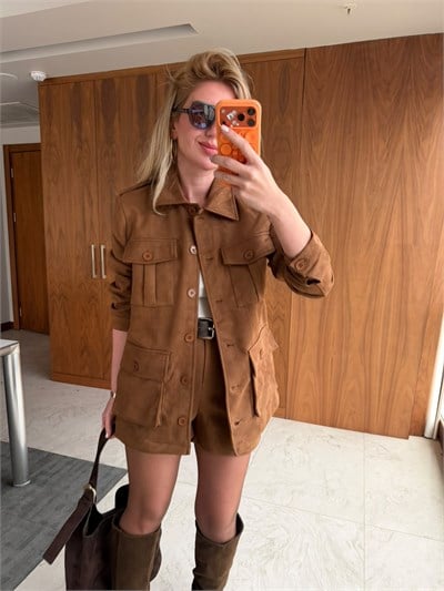Taba , Premium Süet , Kuşaklı Ceket & Şort Takım