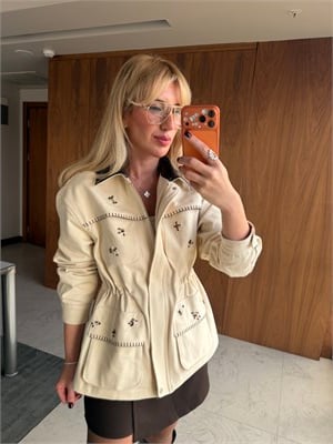 Orijinal Model Taş İşlemeli Deri Yakalı Premium Gabardin Ceket