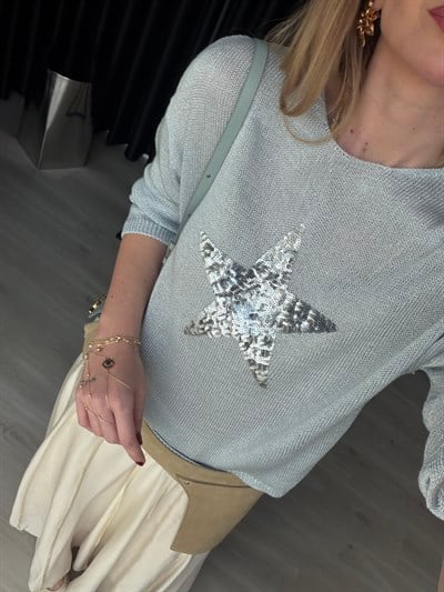Yıldız Payetli Bebe Mavisi Merserize Bluz