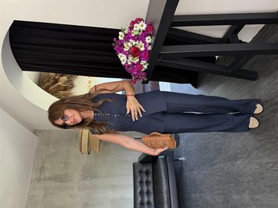 Gold Düğmeli , Lacivert , Keten , Yelekli Takım