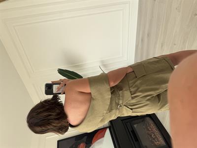 Omuz Dekolteli Haki Tasarım Keten Takım