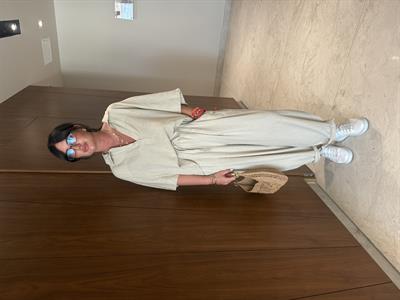 Beli Lastikli , V Yaka , Tencel Keten , Bej Takım