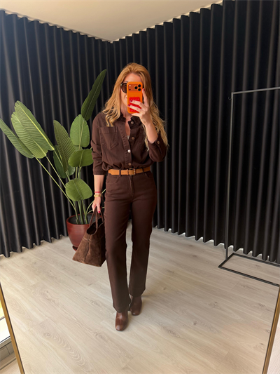 Süet Kemerli, Beli Lastikli, Likralı Acıkahve Premium Tulum