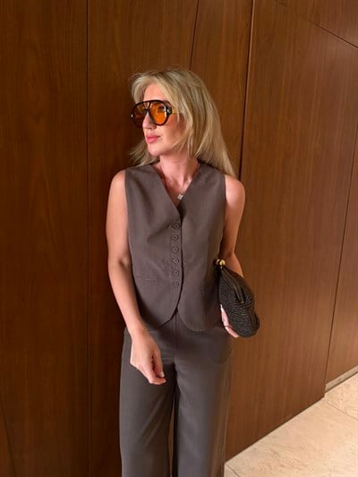 Arkası Güpürlü Yelek & Pantolon , Kahverengi Tencel Takım