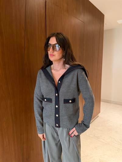 Orijinal Model Jean Detaylı Gri Tasarım Triko