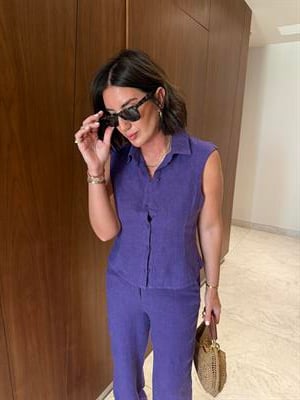 %100 İthal Keten , Premium , Mor Gömlek Takım