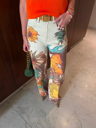 Pastel Desenli , Yumuşacık , Bej Tencel Jean