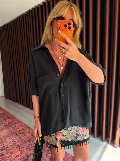 Siyah , Tencel , Oversize Gömlek