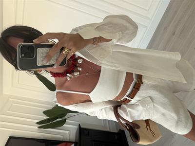 %100 İthal Keten , Ekru , Çift Kat Askılı Bluz