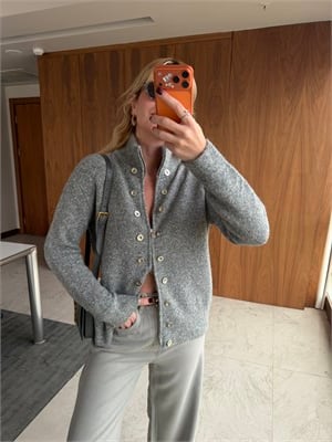 Düğme Aksesuarlı , Dik Yaka , Fermuarlı Gri Hırka