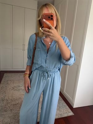 %100 Cotton , Tencel , Gömlek & Beli Lastikli Pantolon , Buz Mavisi Premium Takım
