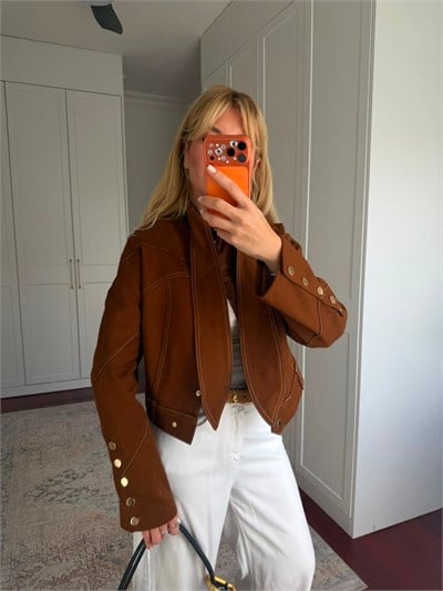 Premium Kalite , Fularlı , Gold Düğmeli , Taba Gabardin Ceket